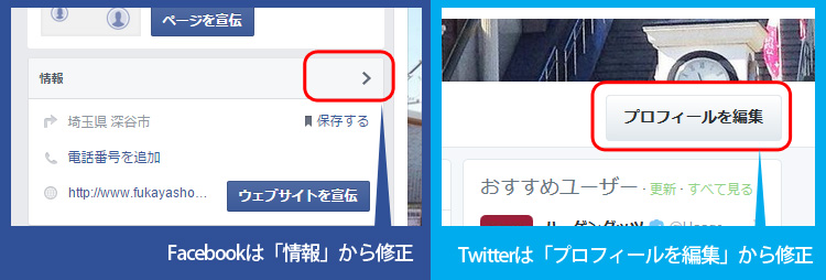 Facebookは「情報」から、Twitterは「プロフィールの編集」から修正
